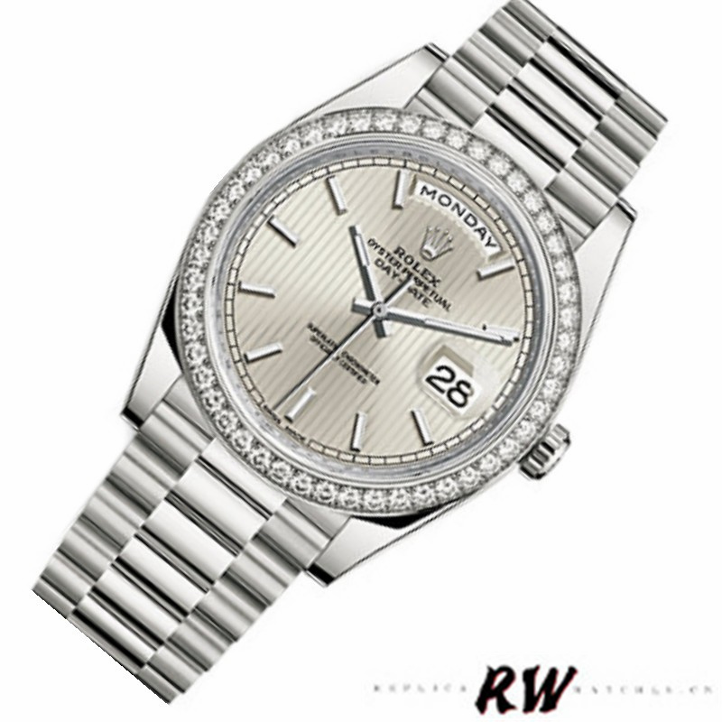 Rolex Day-Date 228349RBR Silver Stripe Motif Dial Diamond Bezel 40mm Mens Replica Watch - QualitySwissReplica