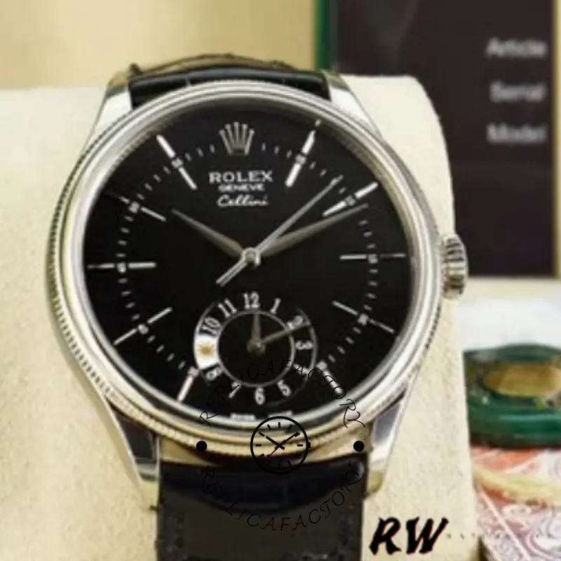 Rolex Cellini Dual Time 50529 Black Guilloche Dial 39mm Mens Replica Watch - QualitySwissReplica