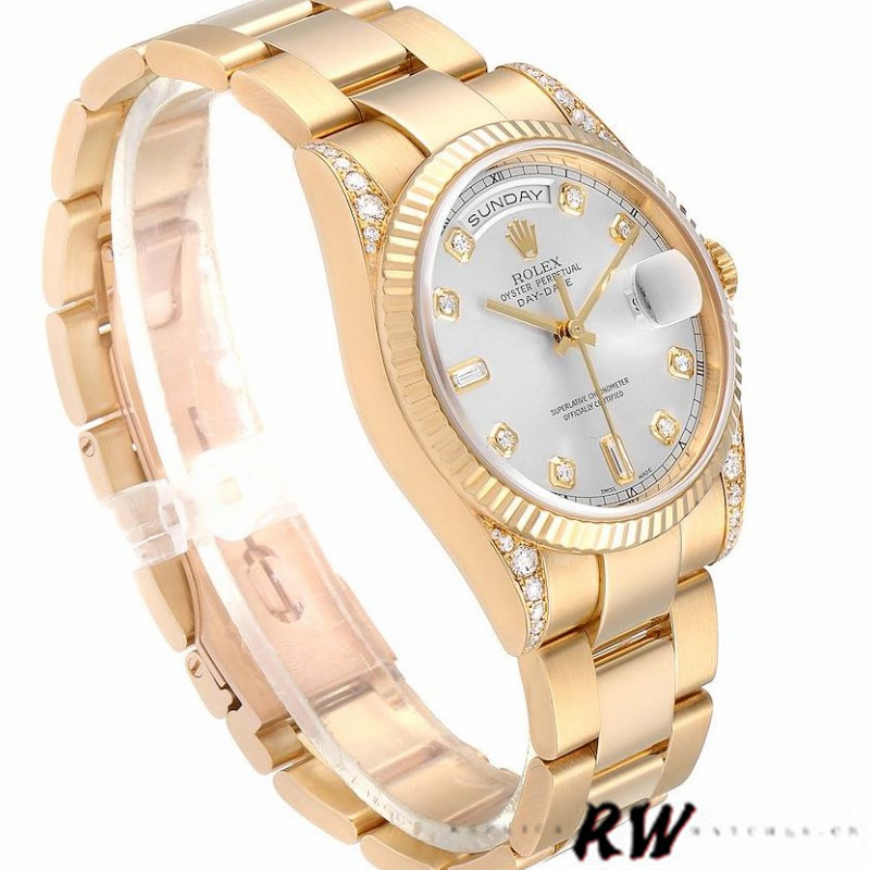 Rolex Day-Date 118338 Yellow gold Silver Diamond dial 36mm Unisex Replica Watch - QualitySwissReplica