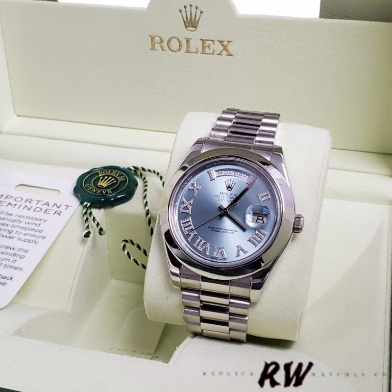 Rolex Day-Date 218206 Glacier Blue Diamond Roman Dial Platinum 41MM Mens Replica Watch - QualitySwissReplica