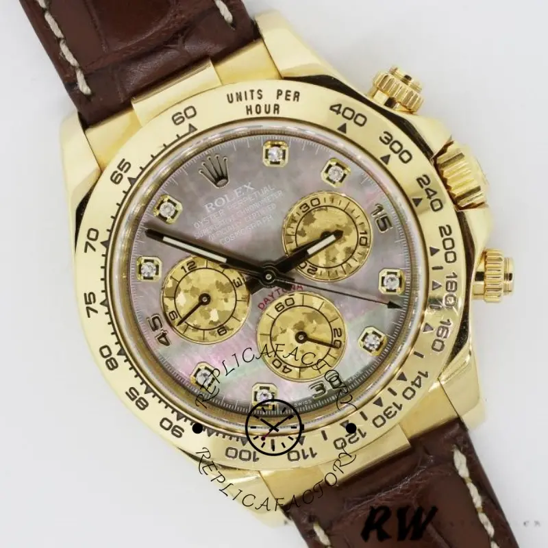 Rolex Daytona 116518 Yellow Gold Dark MOP Diamonds Dial 40mm Mens Replica Watch - QualitySwissReplica