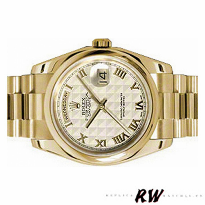 Rolex Day-Date 118208 Yellow Gold Roman Numeral Pyramid Ivory Dial 36mm Unisex Replica Watch - QualitySwissReplica