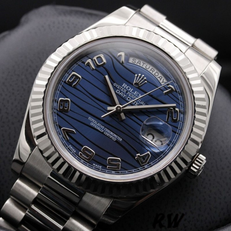 Rolex Day-Date 218239 Wave Blue Dial White Gold 41MM Mens Replica Watch - QualitySwissReplica