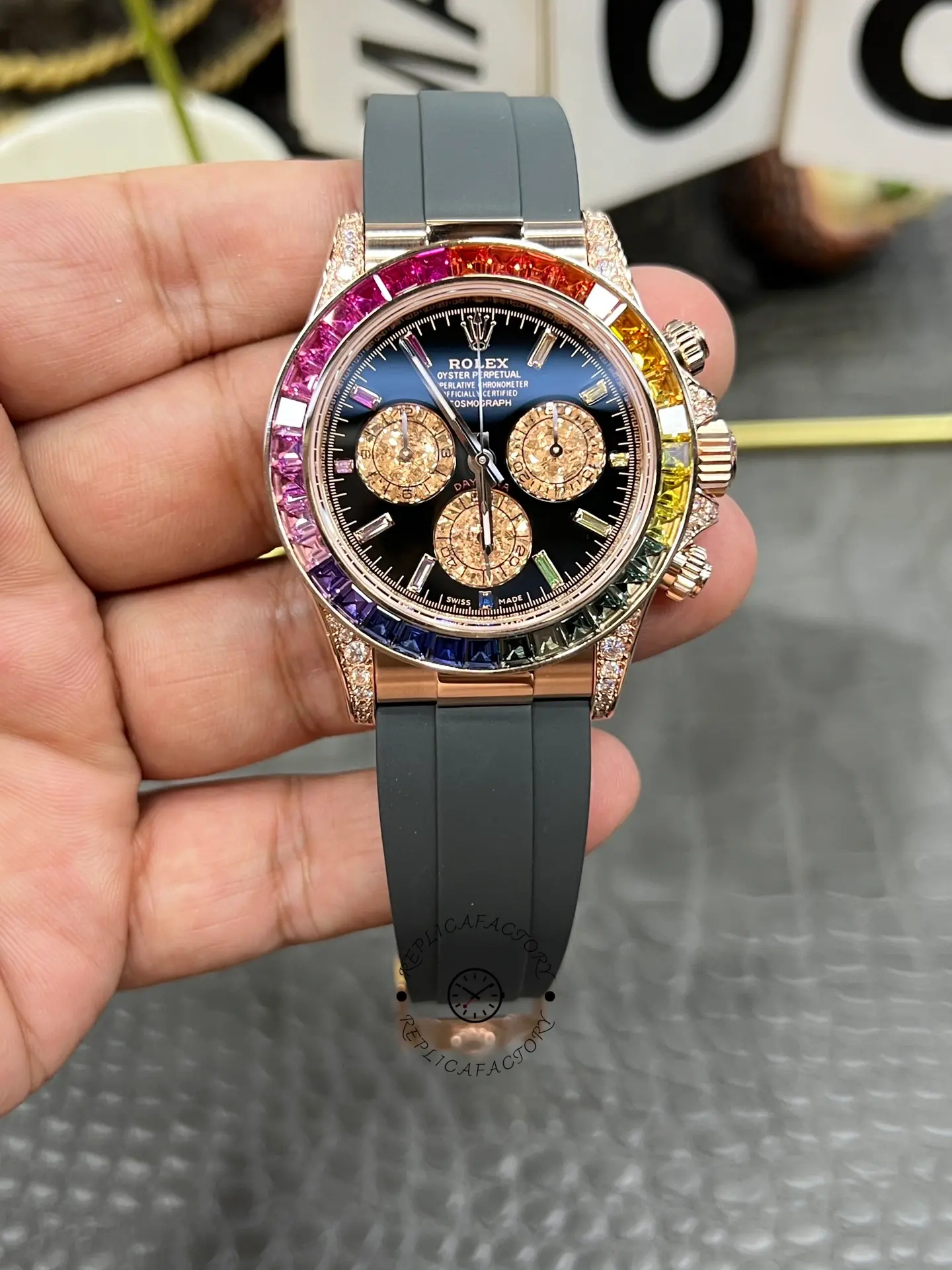 Rolex Daytona 1:1 Clone 116595RBOW Black Dial Rubber Strap - QualitySwissReplica