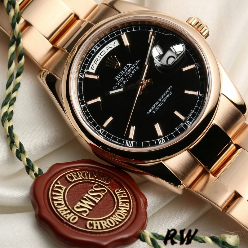 Rolex Day Date 118205 Black Dial Rose Gold 36mm Unisex Replica Watch - QualitySwissReplica