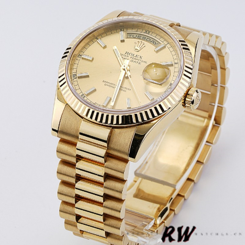 Rolex Day-Date 118238 Fluted Bezel Champagne Dial 36mm Unisex Replica Watch - QualitySwissReplica