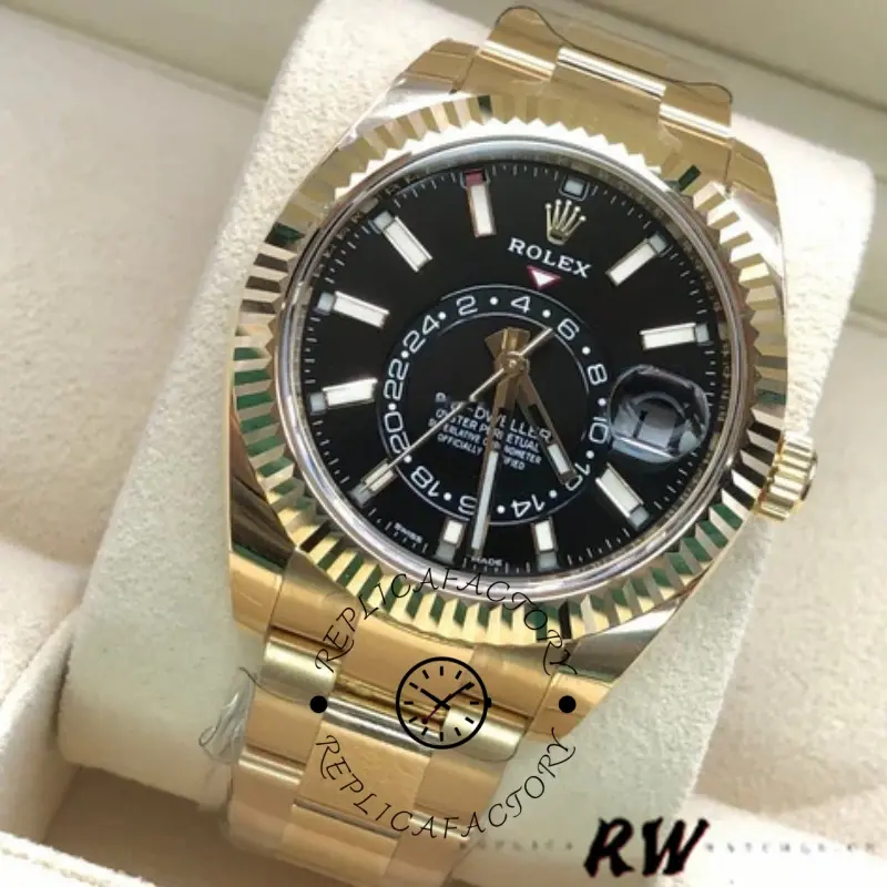 Rolex Sky-Dweller 326938 Yellow Gold Black Dial 42mm Mens Replica Watch - QualitySwissReplica
