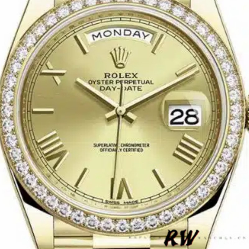Rolex Day-Date 228348RBR Champagne Roman Dial Diamond Bezel 40mm Mens Replica Watch - QualitySwissReplica