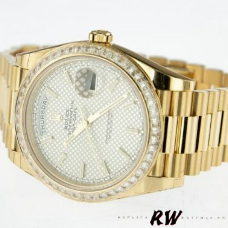 Rolex Day-Date 228398TBR Silver Diagonal Motif Dial Diamond Bezel 40mm Mens Replica Watch - QualitySwissReplica