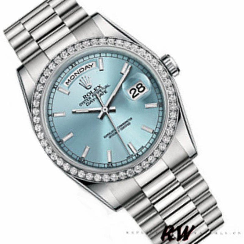 Rolex Day Date 118346 Ice Blue Dial Diamond 36mm Unisex Replica Watch - QualitySwissReplica