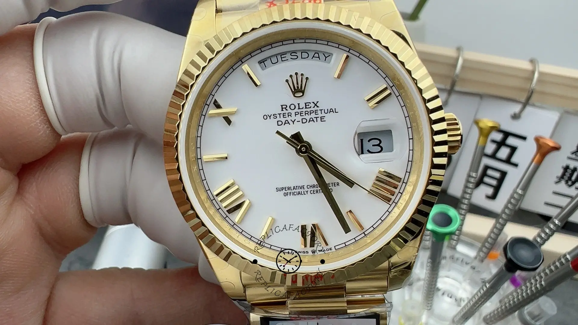 Rolex Day-Date 128238 Fluted Bezel White Roman Dial 36MM Replica Watch - QualitySwissReplica