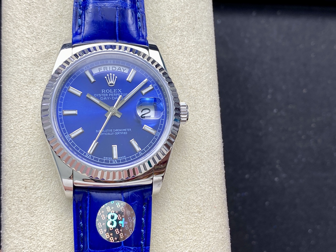 Rolex Day Date 36mm White Gold Fluted Bezel 118139 0004 Blue Index - QualitySwissReplica