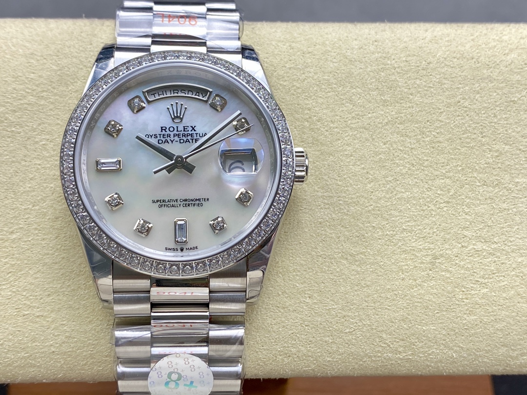 Rolex Day Date 36 Mother of Pearl Dial Diamond Bezel Platinum President m128396tbr 0005 - QualitySwissReplica