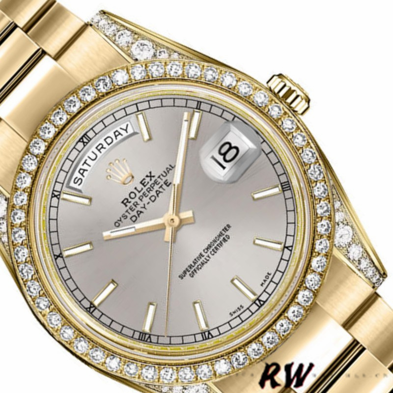 Rolex Day-Date 118388 Diamond Bezel Silver Index Dial 36MM Unisex Replica Watch - QualitySwissReplica