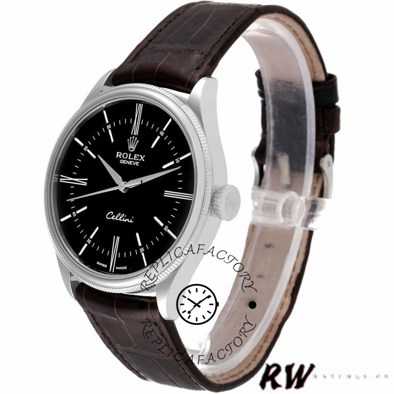 Rolex Cellini Time 50509 Brown Leather Strap Black Dial 39mm Mens Replica Watch - QualitySwissReplica
