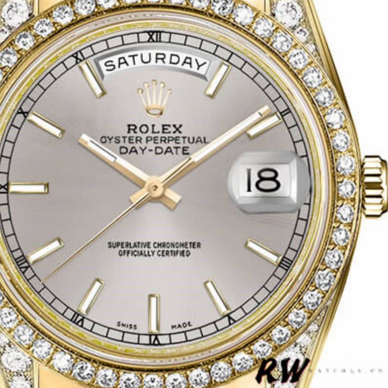 Rolex Day-Date 118388 Yellow Gold Silver Index Dial 36MM Unisex Replica Watch - QualitySwissReplica