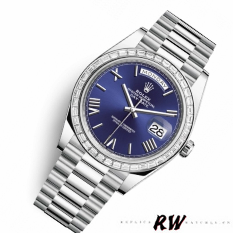 Rolex Day-Date 228396TBR Blue Dial Platinum Diamond Bezel 40mm Mens Replica Watch - QualitySwissReplica