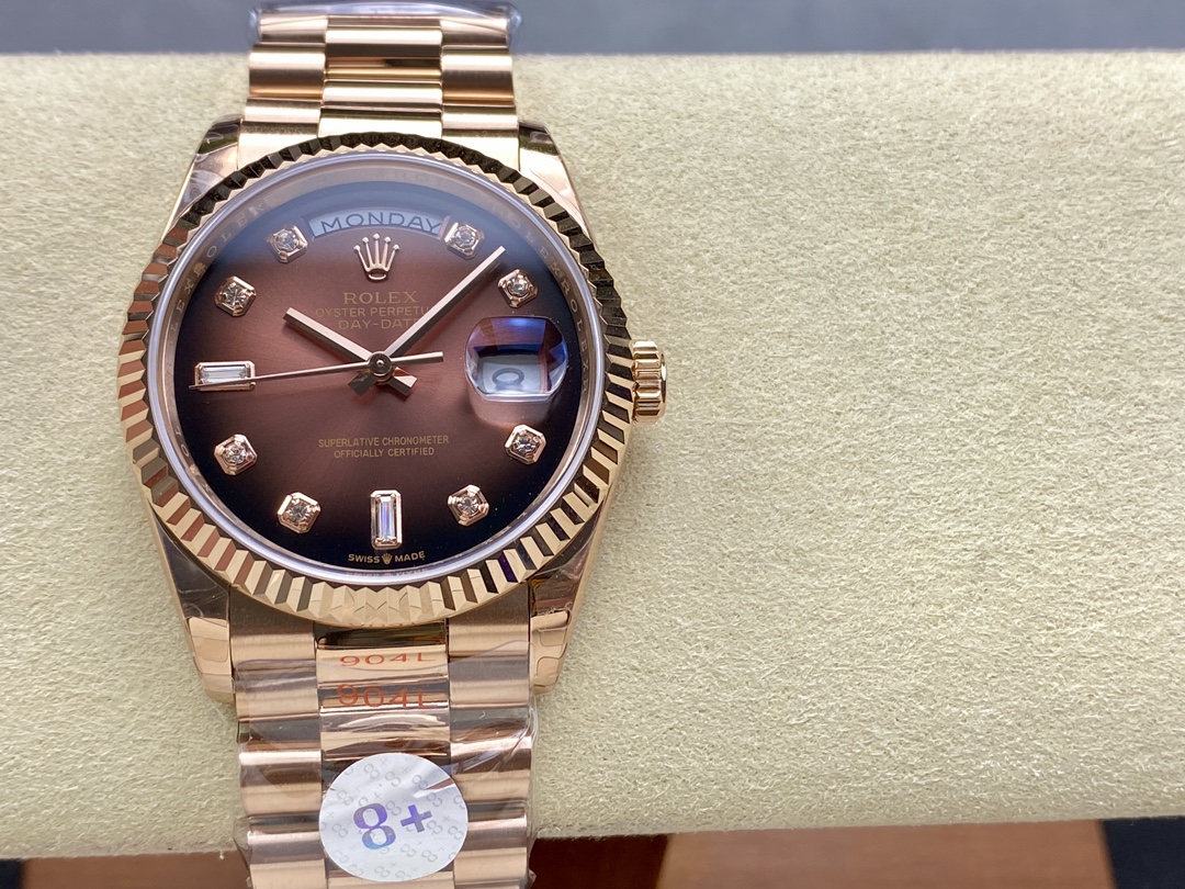Rolex Day-Date 128235 Everose Gold Brown Ombre Diamond Dial 36MM Unisex Replica Watch - QualitySwissReplica