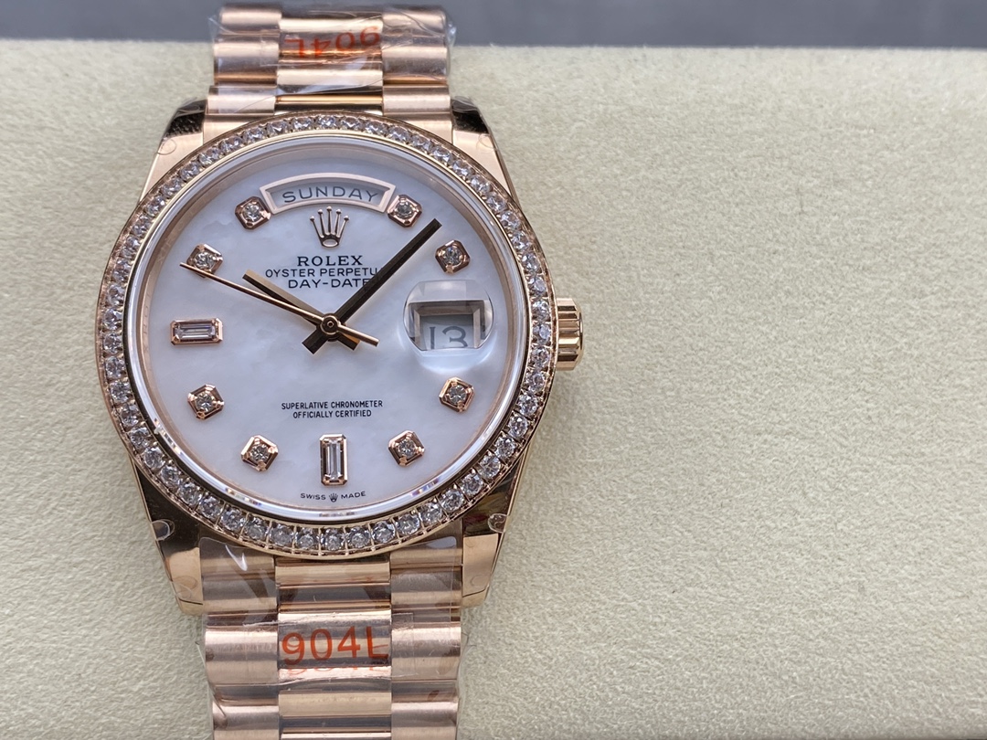 Rolex Day-Date 36MM 128345RBR 0028 Mother of Pearl White Dial Everose Gold Unisex Replica Watch - QualitySwissReplica