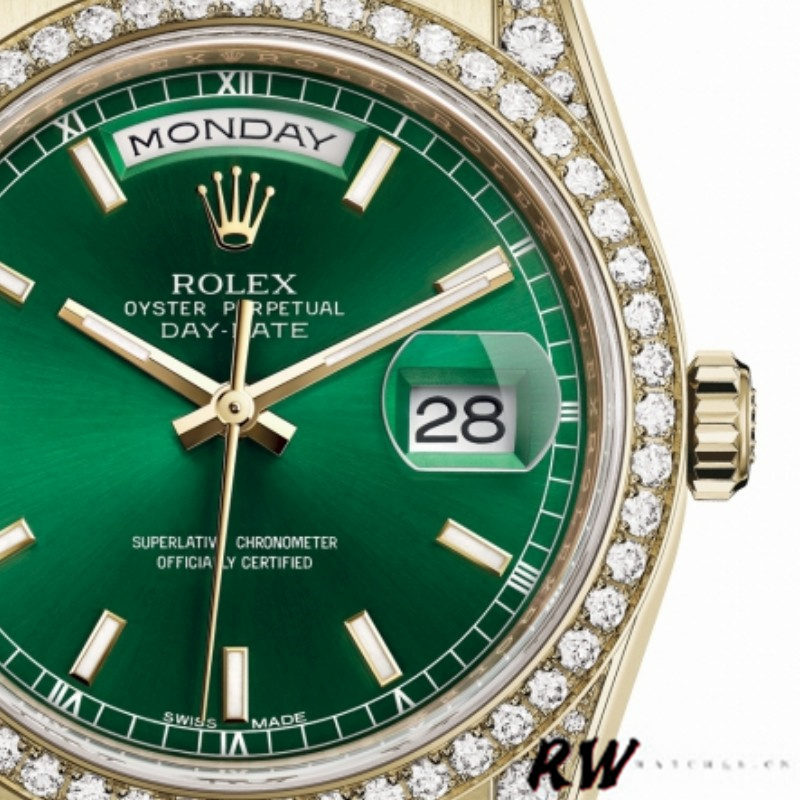 Rolex Day-Date 118388 Diamond Dezel Green Index Dial 36MM Unisex Replica Watch - QualitySwissReplica