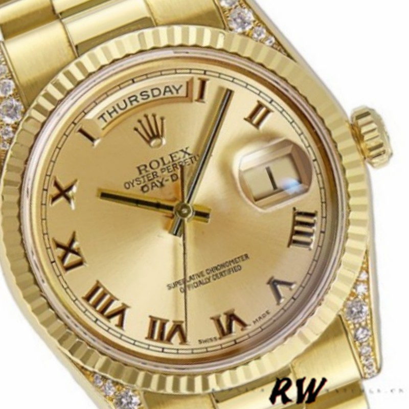 Rolex Day-Date 118338 Champagne Roman Dial Diamond Bezel 36MM Unisex Replica Watch - QualitySwissReplica