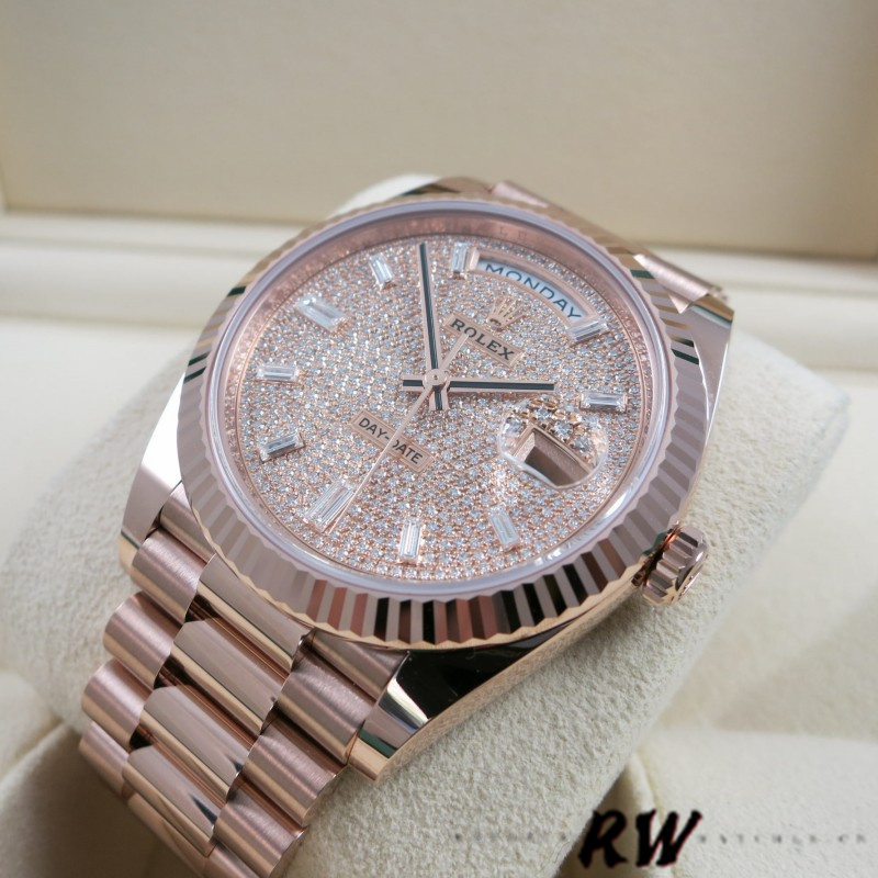 Rolex Day-Date 228235 Diamond Paved Dial Fluted Bezel 40mm Mens Replica Watch - QualitySwissReplica