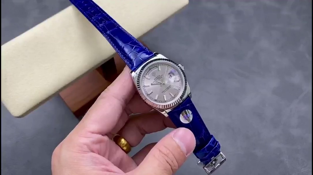 Rolex Day Date 36 White Gold Silver Dial 118139 0097 Blue Leather Strap - QualitySwissReplica