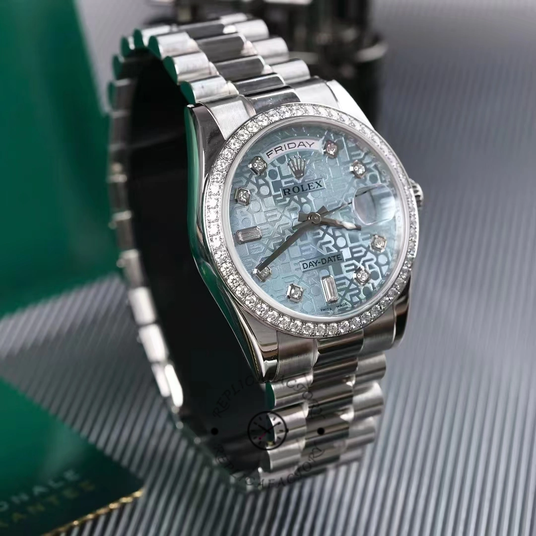 Rolex Day Date 118346 Blue Diamond Dial Platinum 36mm Unisex Replica Watch - QualitySwissReplica