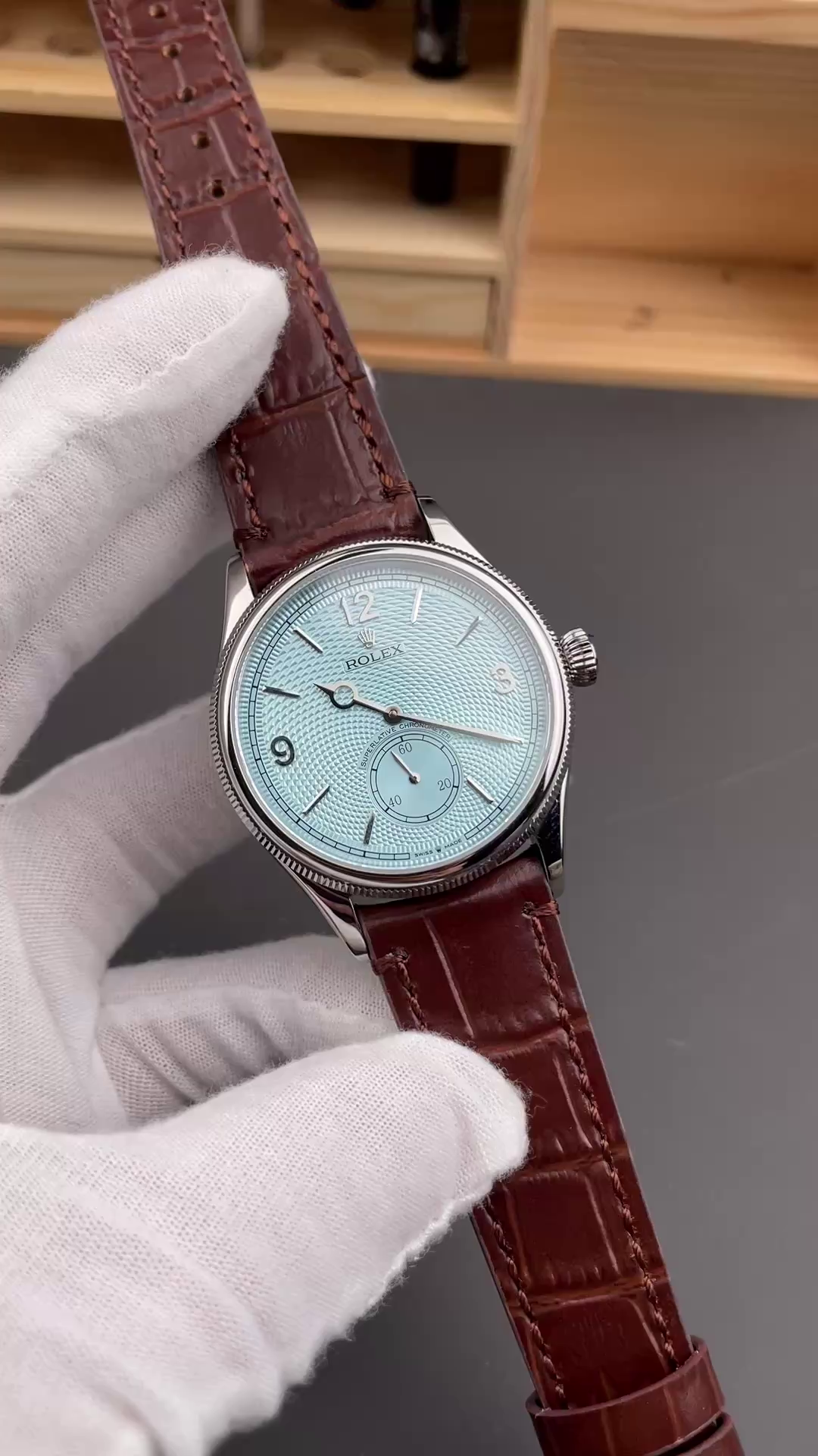 Rolex 1908 52506 0002 Ice Blue Dial Brown Leather Strap 39 mm Replica Watch - QualitySwissReplica