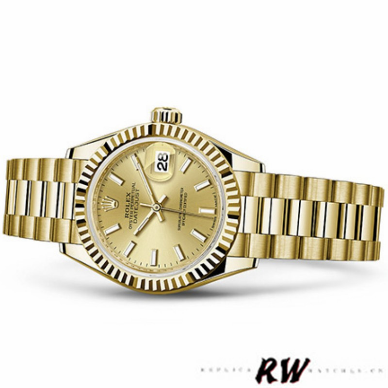 Rolex Datejust 279178 Champagne Index Dial Fluted Bezel 28mm Lady Replica Watch - QualitySwissReplica