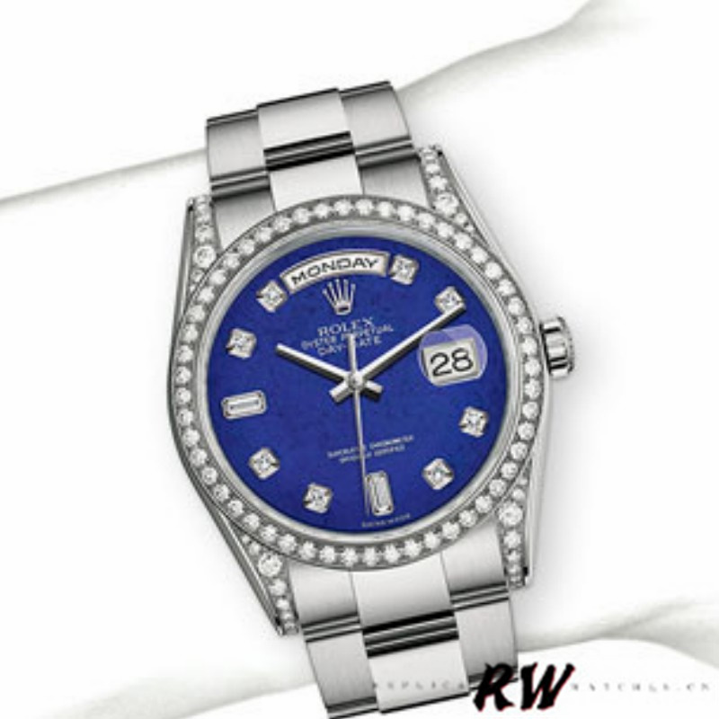 Rolex Day-Date 118389 Diamond Bezel Blue Dial 36MM Unisex Replica Watch - QualitySwissReplica