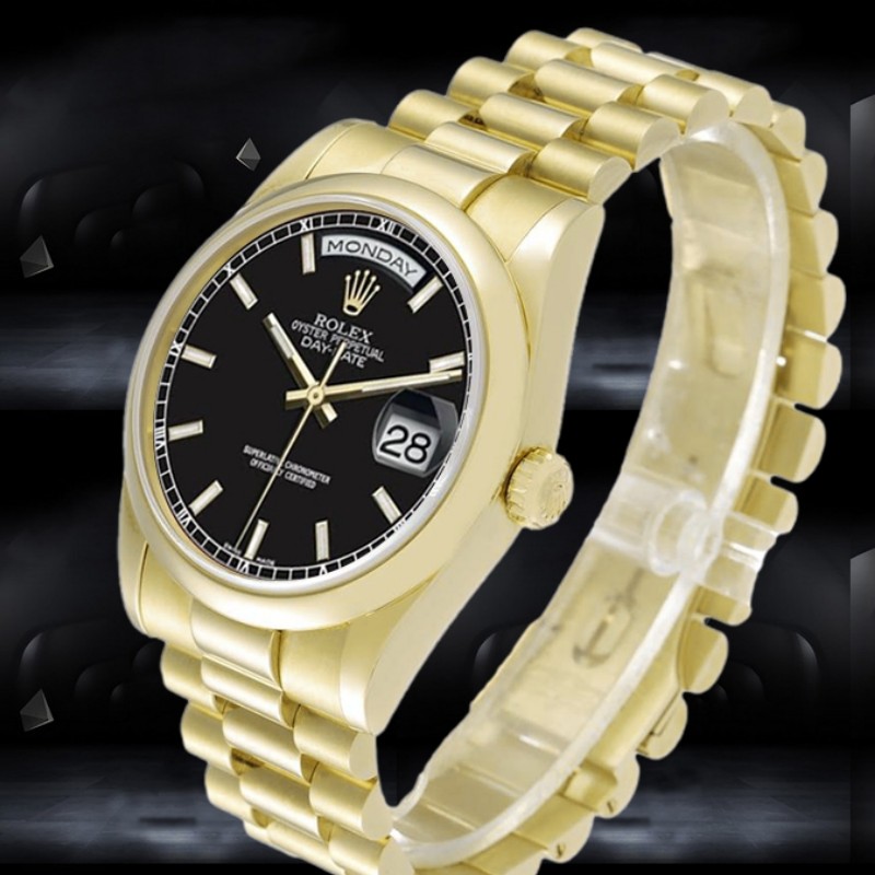 Rolex Day-Date 118208 Black Dial Automatic Yellow Gold 36mm Unisex Replica Watch - QualitySwissReplica