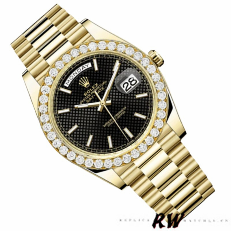 Rolex Day-Date 228348RBR Black Diagonal Motif Dial Diamond Bezel 40mm Mens Replica Watch - QualitySwissReplica