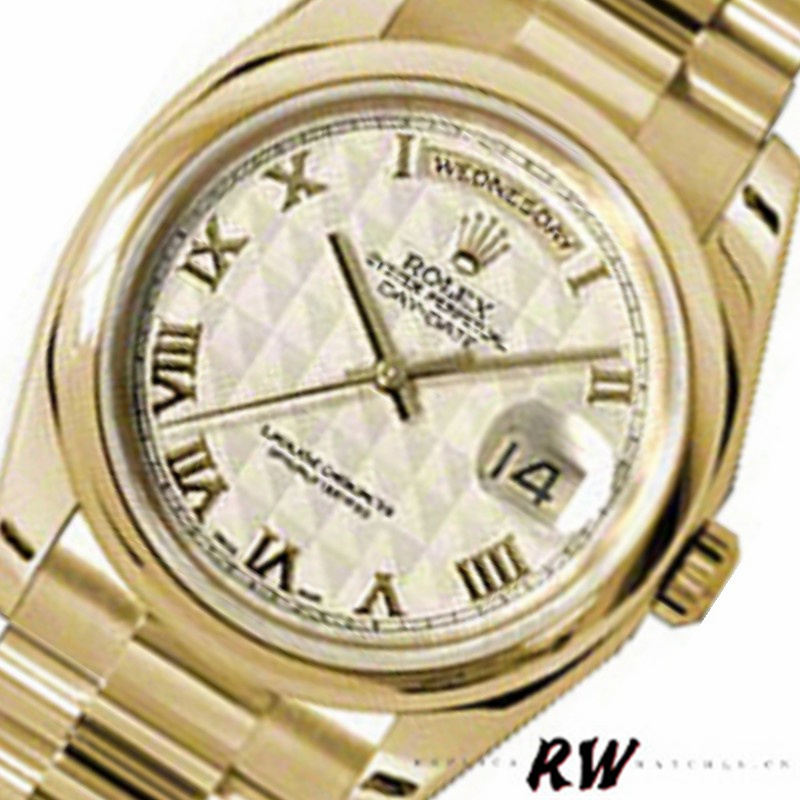 Rolex Day-Date 118208 Yellow Gold Roman Numeral Pyramid Ivory Dial 36mm Unisex Replica Watch - QualitySwissReplica