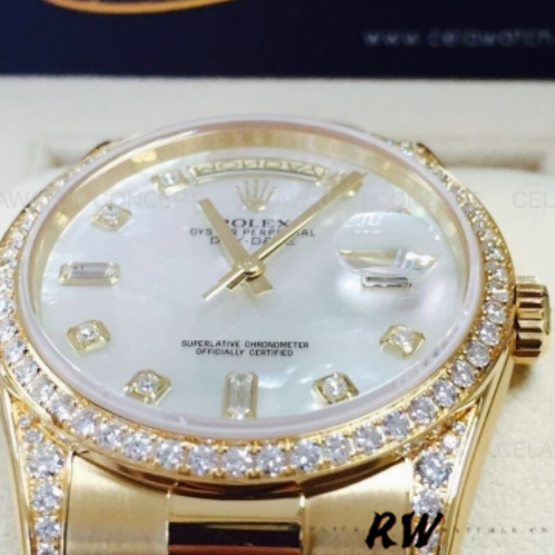 Rolex Day-Date 118388 White MOP Diamond Dial 36MM Unisex Replica Watch - QualitySwissReplica