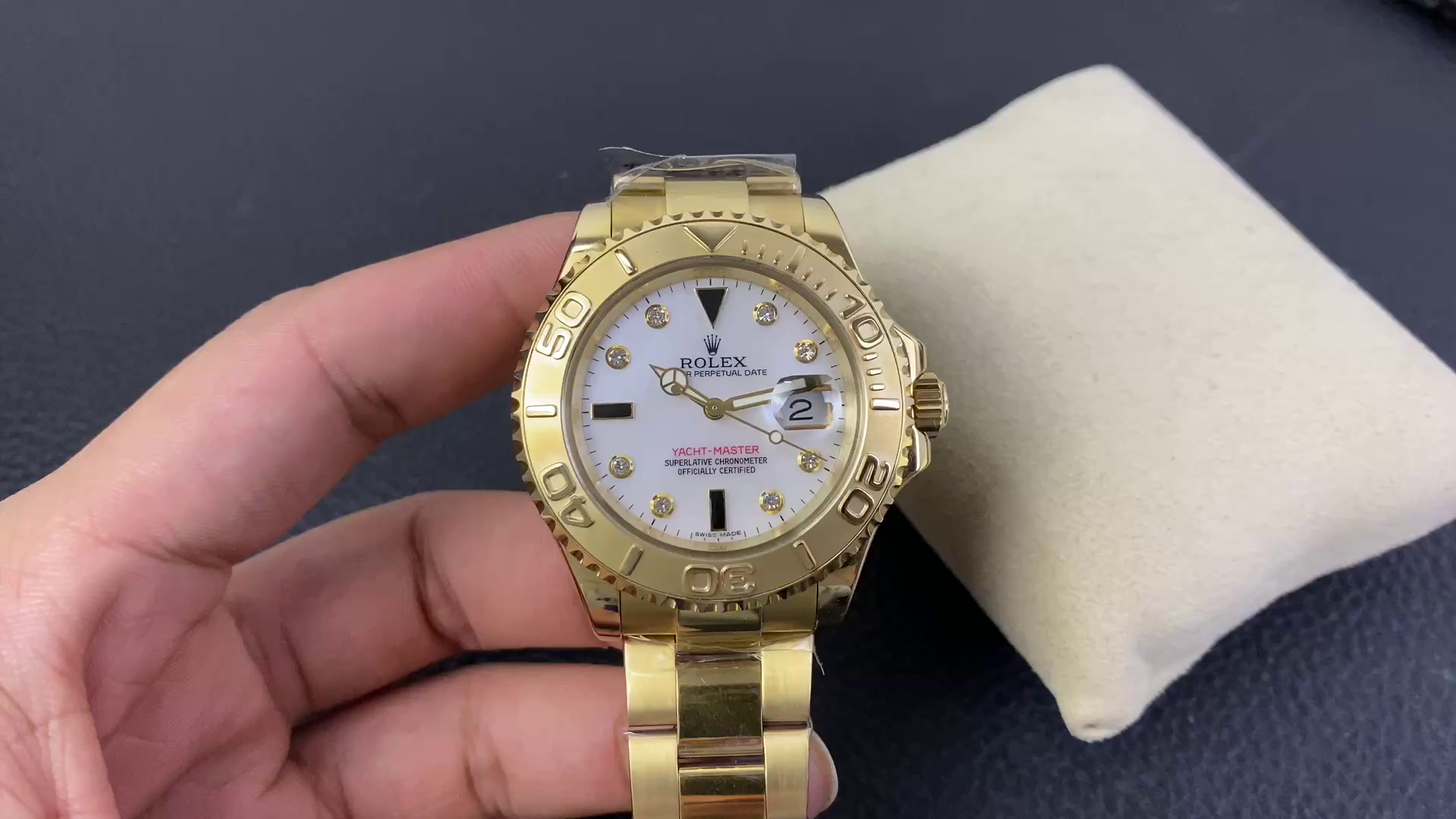 Rolex Yacht Master 168628 White Mother of Pearl Diamond Dial Yellow Gold Case 35mm Women's Watch - QualitySwissReplica