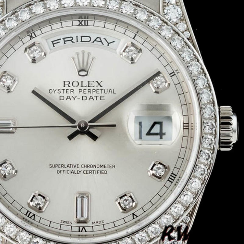 Rolex Day-Date 118389 Silver Diamond dial 36MM Unisex Replica Watch - QualitySwissReplica