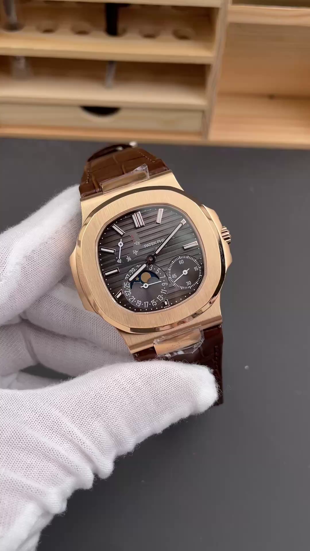 Patek Philippe Nautilus Moon Phases Rose & White Gold Slate Brown Dial 5712GR 001 - QualitySwissReplica