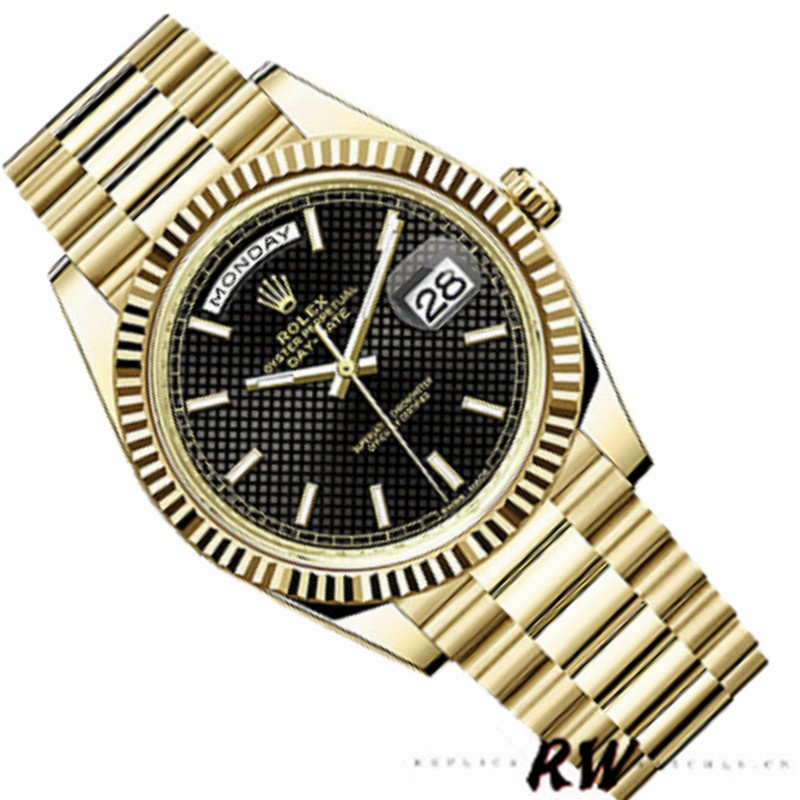 Rolex Day-Date 228238 Black Diagonal Motif Dial Fluted Bezel 40mm Mens Replica Watch - QualitySwissReplica