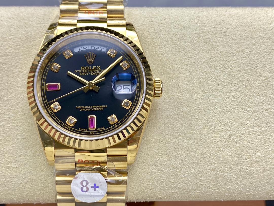 Rolex Day Date 118238 Black Diamond Dial Fluted Bezel 36mm Mens Replica Watch - QualitySwissReplica