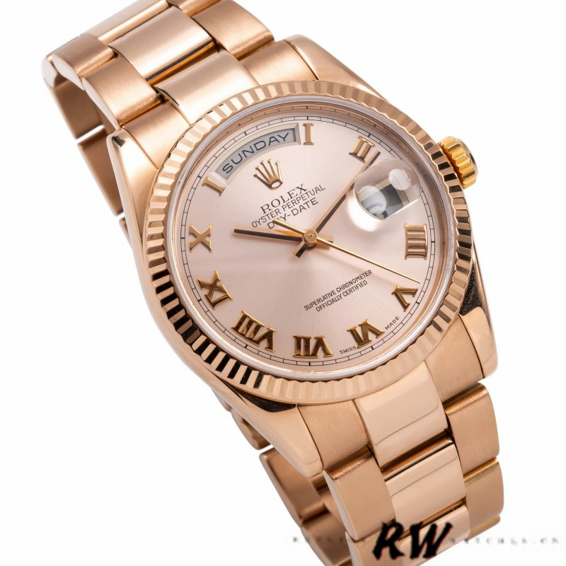 Rolex Day-Date 118235 Pink Roman Numeral dial Fluted Bezel 36mm Lady Replica Watch - QualitySwissReplica
