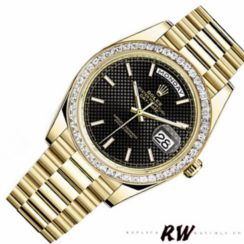 Rolex Day-Date 228398TBR Black Diagonal Motif Dial Diamond Bezel 40mm Mens Replica Watch - QualitySwissReplica