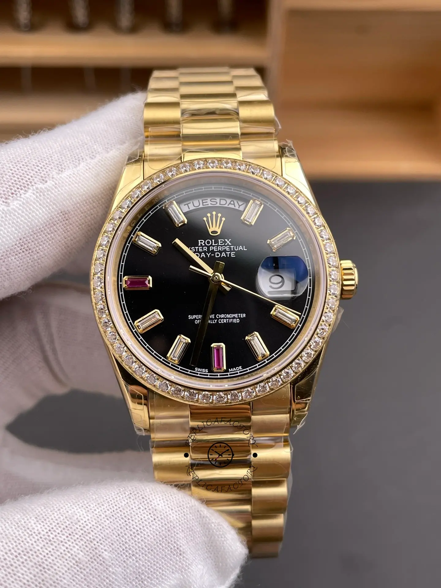 Rolex Day Date 118348 Black Diamond Dial 36mm Unisex Replica Watch - QualitySwissReplica