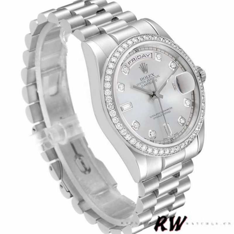Rolex Day Date 118346 Silver Dial Diamond 36mm Unisex Replica Watch - QualitySwissReplica