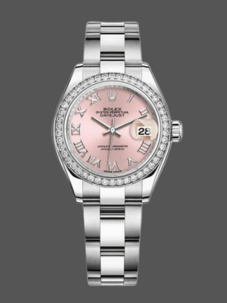 Rolex Datejust Diamond Bezel Pink Dial Roman Numerals hour markers 279136RBR 28mm Lady Replica Watch - QualitySwissReplica