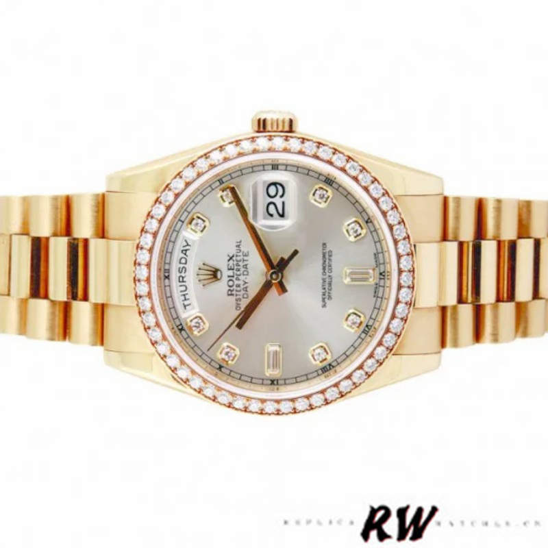 Rolex Day-Date 118348 Silver Diamond Dial 36mm Unisex Replica Watch - QualitySwissReplica