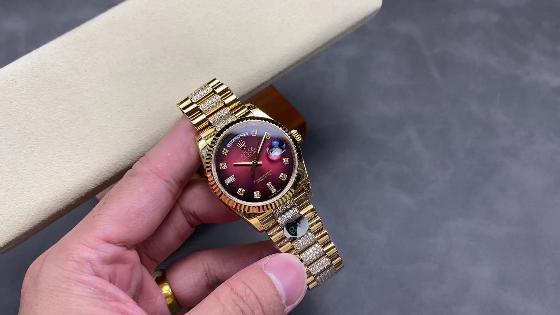 Rolex Day-Date Dark Red Dial Replica 128238 Women's Gold Watch - QualitySwissReplica