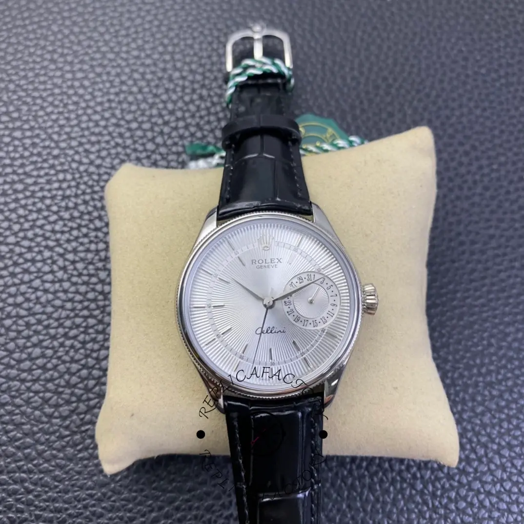 Rolex Cellini Date 50519 Black Leather Silver Dial 39mm Mens Replica Watch - QualitySwissReplica