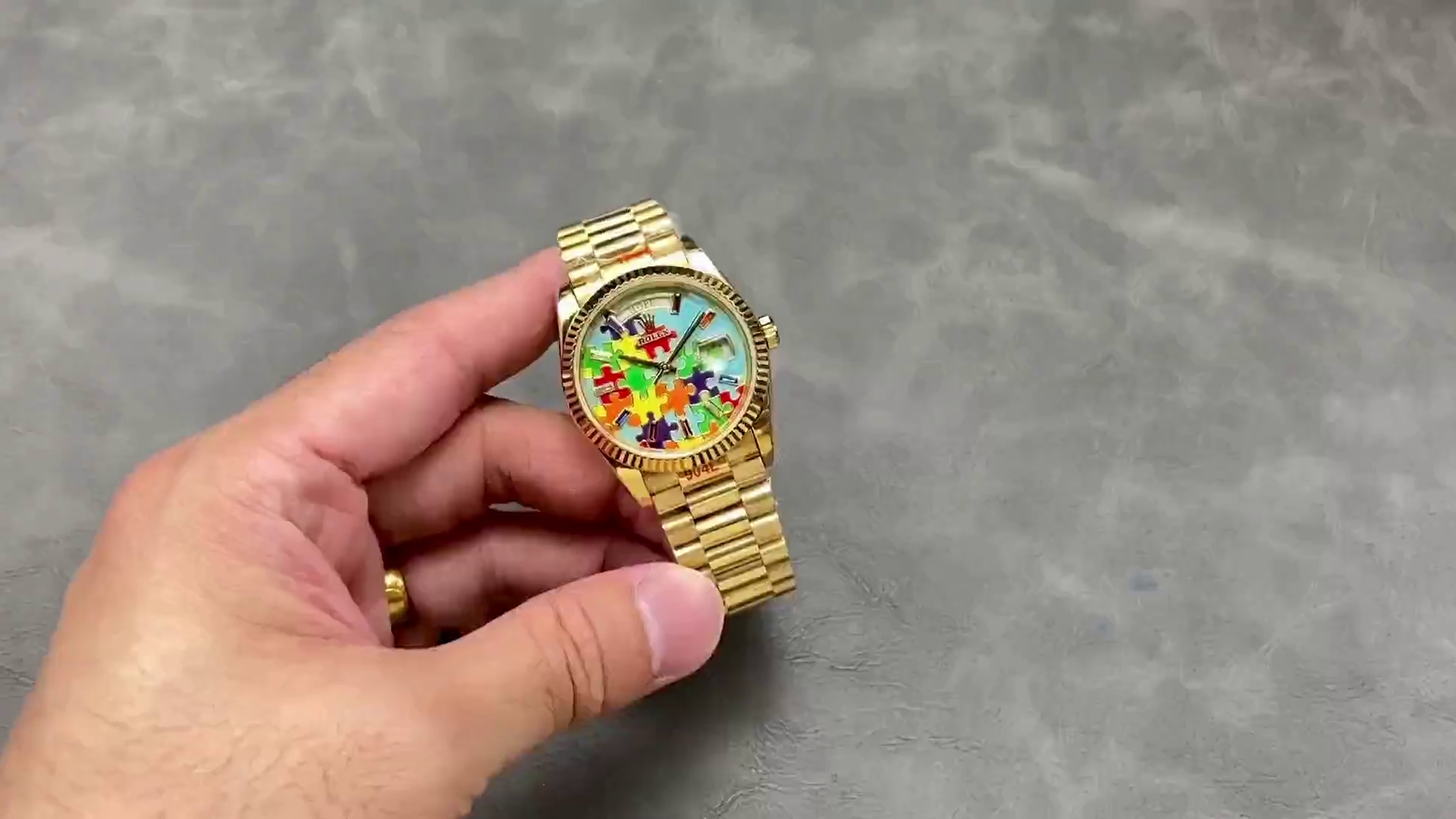 Rolex Day Date 128238-0106 36mm Yellow Gold Fluted Bezel Emoji Puzzle Dial - QualitySwissReplica