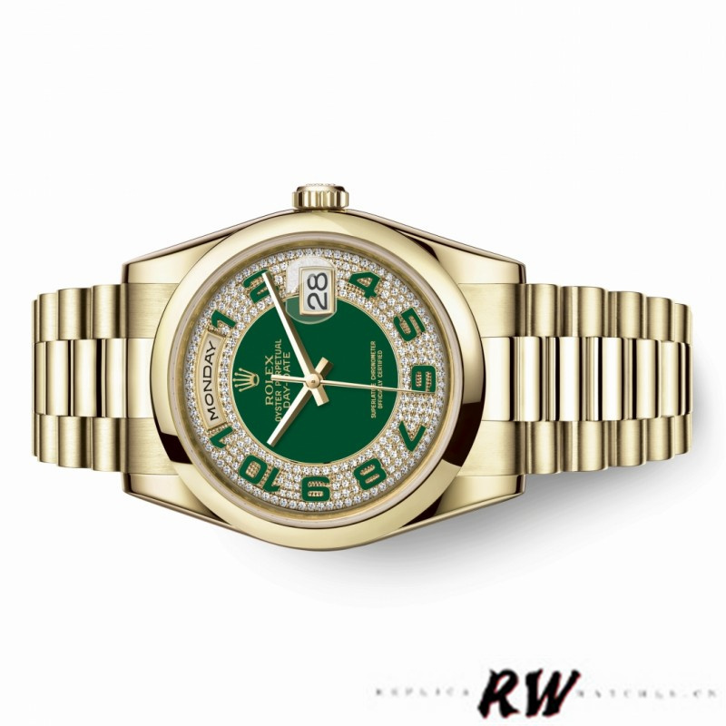 Rolex Day-Date 118208 Yellow Gold Green Diamond Paved Arabic Dial 36mm Unisex Replica Watch - QualitySwissReplica